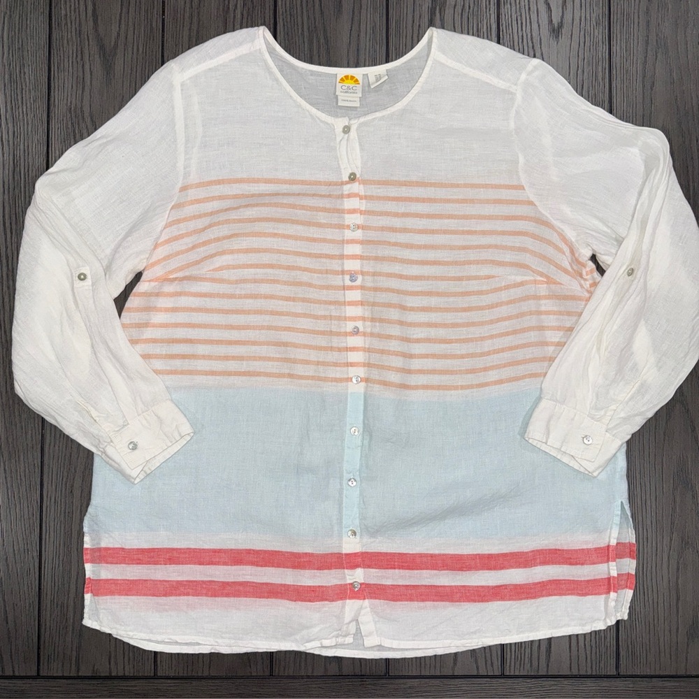 C&C California 100% Linen Long Sleeve Button Up Top Size 1X Beachy Coastal Boho